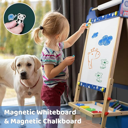 Joyooss Art Easel for Kids, Adjustable Standing Kids Easel with Magnetic Whteboard & Chalkboard, Magnetic Board for Kids Art Easel Kids with 2 Paper Rolls, Finger Paints, Letters & Numbers Magnets