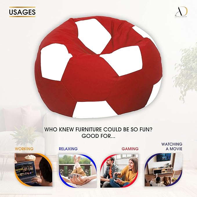 Ample Decor Bean Bag Cover Without Beans, Comfortable Soccer Design Bean Bag Cover Made from Leatherette (Filling Not Included) Ideal for Children and Teenagers – Red and White