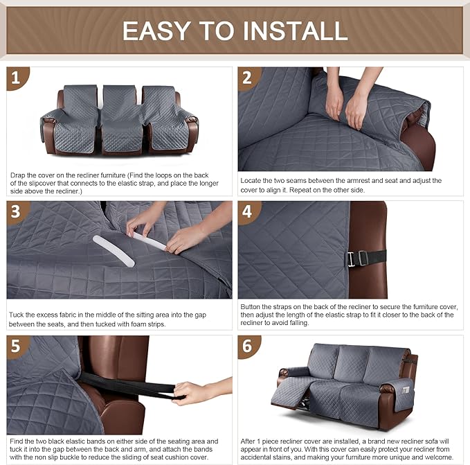KinCam Waterproof Recliner Sofa Cover, Non-Slip Reclining Couch Covers for 3 Seat, Recliner Couch Cover Furniture Protector with Elastic Straps for Pets, Kids, Dark Gray
