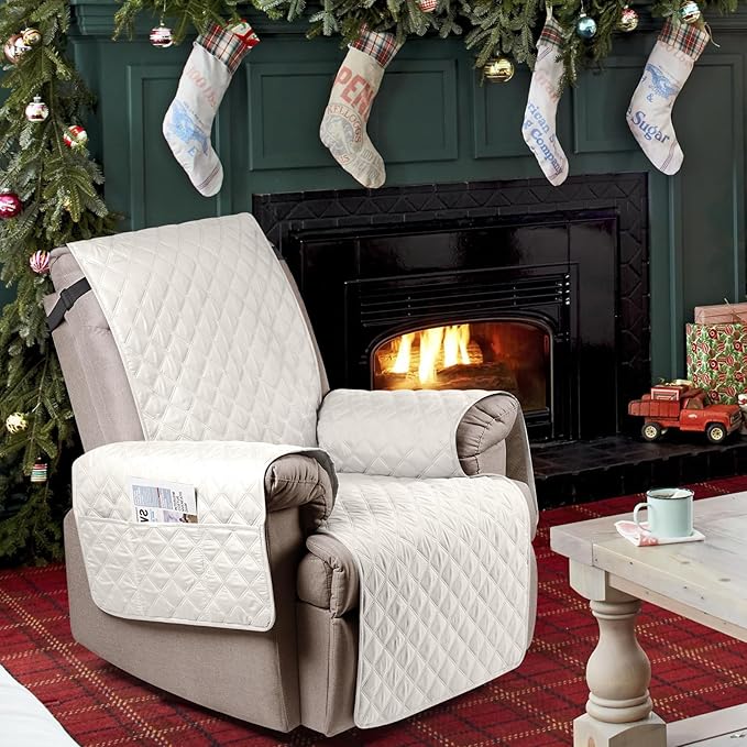 Ruaozz 100% Waterproof Recliner Chair Cover Non-Slip Oversized Reclining Cover for Large Recliner Chair Washable Chair Seat Cover with Elastic Straps for Kids, Dogs, Pets (Beige, 28'')