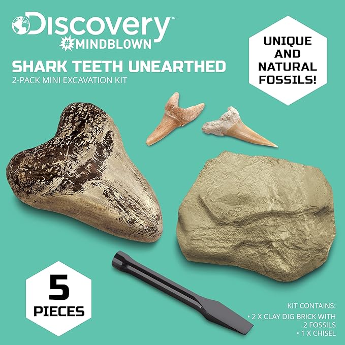 Discovery #MINDBLOWN Mini Fossil Dig Set, 2 Pack Real Shark Teeth Excavation Kit, Interactive Archaeology Paleontology Experiment, Learn Science, Fun and Educational STEM Toy for Kids Ages 6 and Up