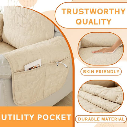 XINEAGE 100% Waterproof Recliner Chair Covers with Elastic Straps, Nonslip Reclining Couch Covers Washable Recliner Couch Cover with Pockets Furniture Protector for Pets Dogs (Beige, 23")