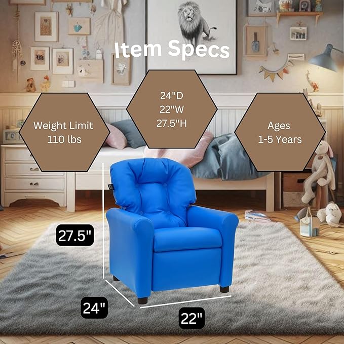 The Crew Furniture Traditional Kids Recliner, Toddler Ages 1-5 Years, Pu Faux Leather, Blue