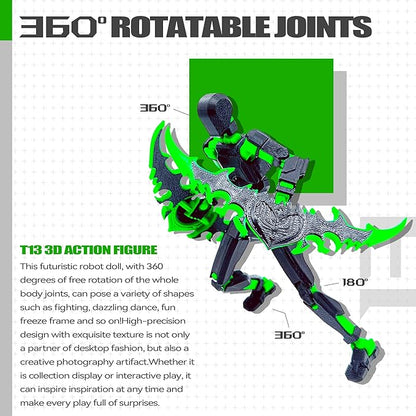 (Assembly Completed) T13 3D Action Figure Set,Dummy Robo Titan 13 Action Figures,3D Printed Multi-Jointed Toy (Black + Green)
