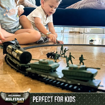 USA Electric Express Train Set for Kids Ages 4-8 - Military Toy Polar Train Model with Helicopter, Tank, Soldiers & Tracks - Around The Tree Fun Birthday Gift for Boys Ages 2-4