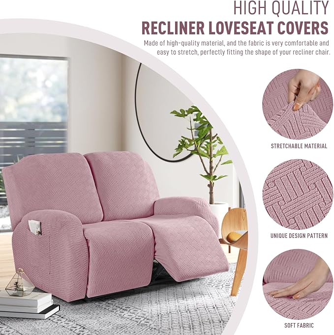 KinCam Recliner Covers, Stretch Reclining Chair Covers, Recliner Sofa Slipcovers Stripe Jacquard Recliner Couch Covers Furniture Protector Covers for Pet Kid (2 Seater, Pink)