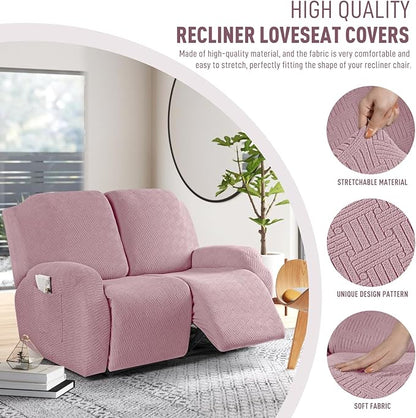 KinCam Recliner Covers, Stretch Reclining Chair Covers, Recliner Sofa Slipcovers Stripe Jacquard Recliner Couch Covers Furniture Protector Covers for Pet Kid (2 Seater, Pink)