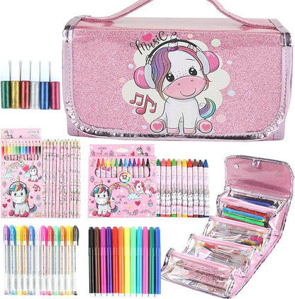 Fruit Scented Markers Set 56 Pcs with Unicorn Pencil Case, Gifts for Girls Ages 4-6-8, Supplies for Kids Art and Craft Coloring