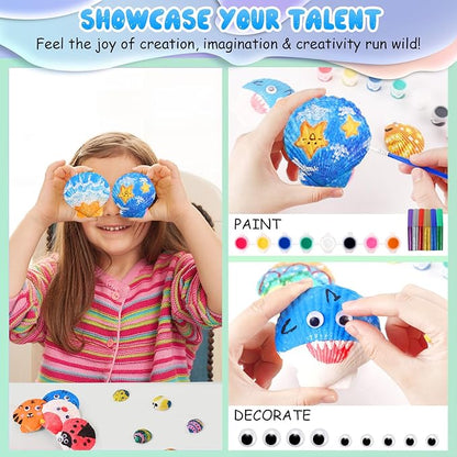 Kids Sea Shell Painting Kit, Arts & Crafts Gifts for Boys Girls, DIY Creative Activity Art Toys with Refrigerator Magnets, Kids Christmas Birthday Gifts Children Toys for Ages 5 6 7 8 9 10 Year Olds