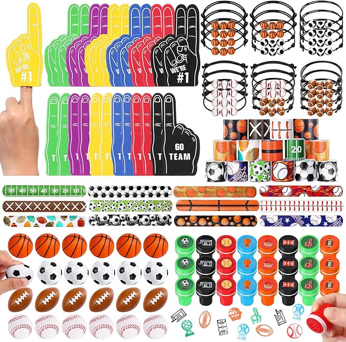 Aoriher 120 Pcs Sport Balls Party Favors Set Serve 24, Basketball Football Soccer Goodie Foam Finger Mini Stress Ball Slap Bracelet Charm Bracelet Stamp for Kids Party Supplies (Sports Ball)