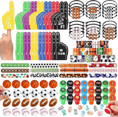 Aoriher 120 Pcs Sport Balls Party Favors Set Serve 24, Basketball Football Soccer Goodie Foam Finger Mini Stress Ball Slap Bracelet Charm Bracelet Stamp for Kids Party Supplies (Sports Ball)