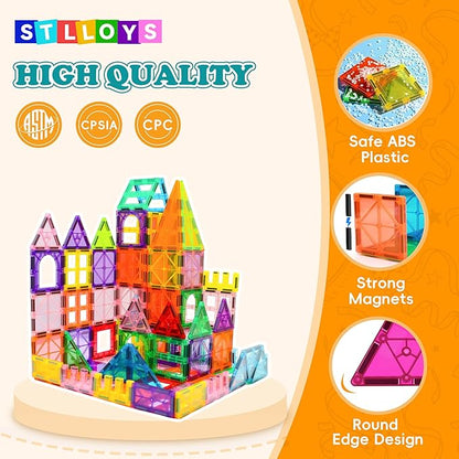Magnetic Tiles, 136 PCS Magnetic Building Blocks with 2 Cars, Magnet Tiles Construction Building Toys, STEM Sensory Toys Easter Birthday Gifts for Toddlers Kids Boys 3 4 5 6 7 8 9+ Year Old