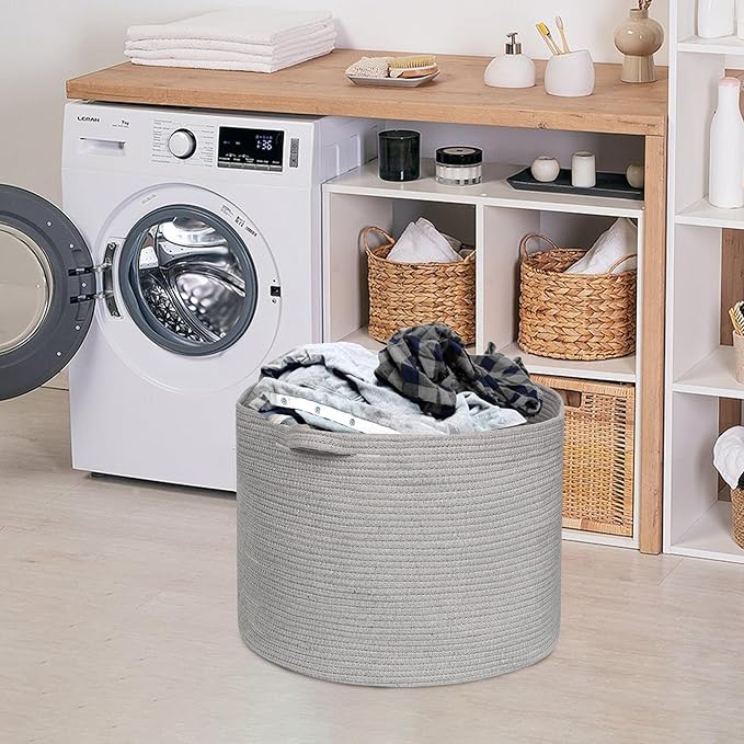 MEGASKET Extra Large Grey Storage Basket, 22" X 22" X 14" XXXL Blanket Basket for Living Room, Gray Wicker Woven Cotton Rope Baskets for Storage, Kids Toy Baskets Bins, Decorative Pillow Towel Basket