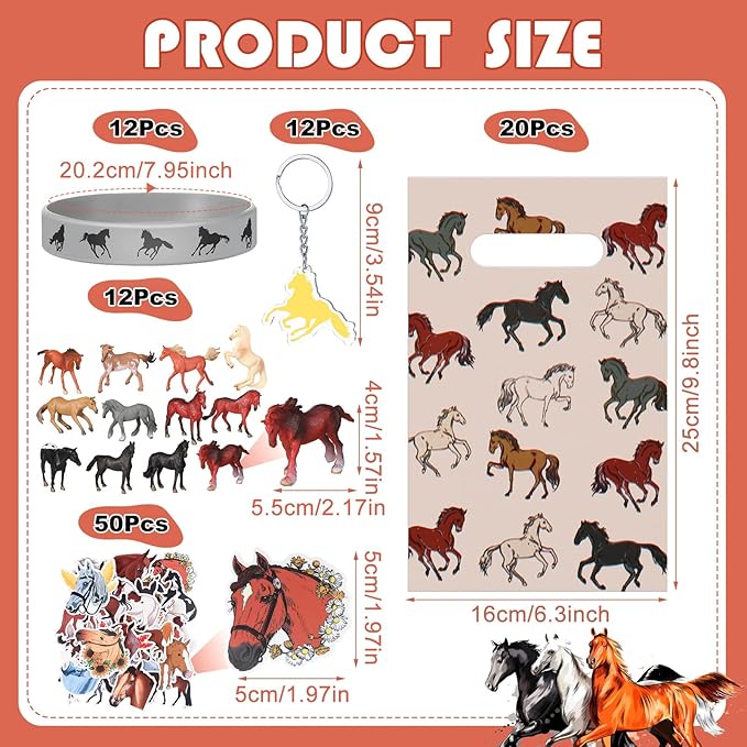 106 Pc Horse Party Favors Set - Supplies Include 20 Bags, 12 Silicone Bracelets, 12 Keychains, 12 Mini Toys & 50 Stickers for Horse Party