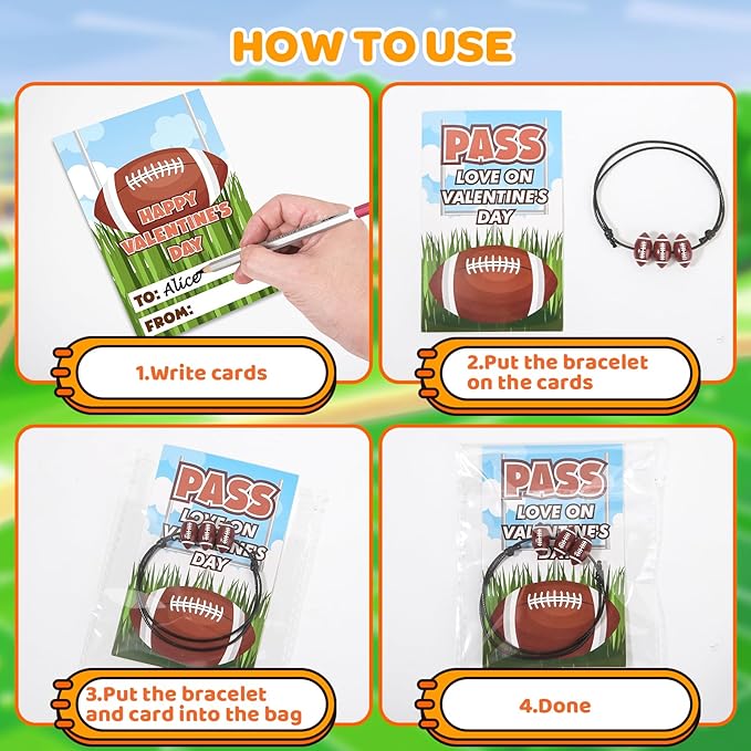 Valentines Day Cards for Kids, 24 Pack Adjustable Sports Charm Bracelets with Valentines Day Cards for Valentine School Party Favors for Kids Boys Girls, Kids Exchange Valentines Day Gifts