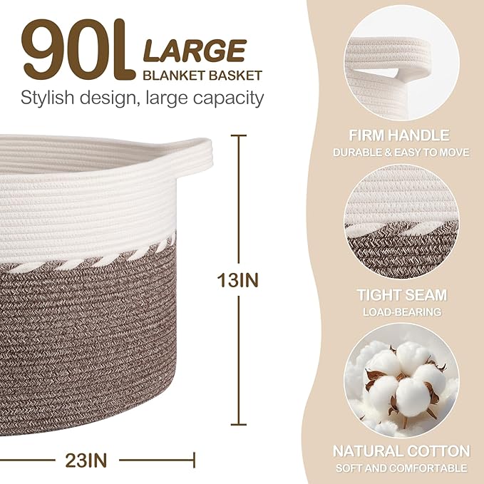 OIAHOMY 90L Blanket Basket for Living Room, Large Basket 23" x 23" x 13" with Handle, Laundry Hamper for Blankets, Pillows, Toy Storage for Kids, Dogs - Brown & White
