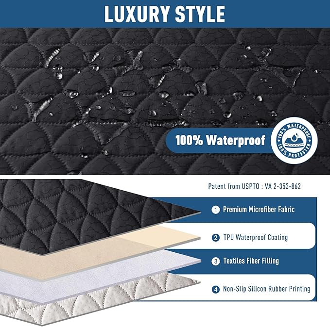 TAOCOCO 100% Waterproof Recliner Cover -Loveseat Recliner Cover with Center Console,Non-Slip Reclining Couch Covers for 2 Seat,with Elastic Straps Pocket for Kids, Dogs, Pets (Black, 2 Seater XL)