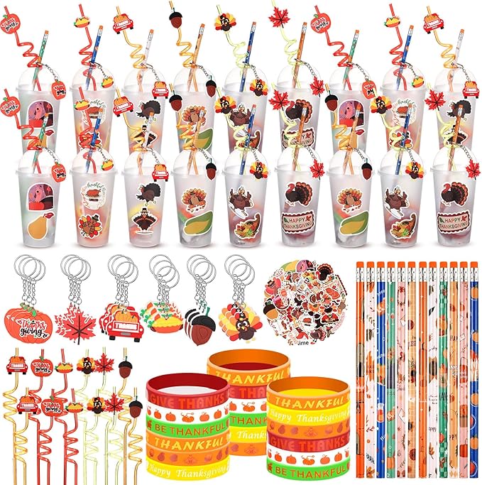 24 Set Fall Pumpkin Party Favor Thanksgiving Party Supplies Maple Turkey Keychain Pencil Straw Sticker Silicone Bracelet for Thanksgiving Goodie Bag Fillers Classroom Gifts