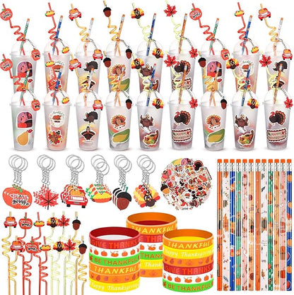 24 Set Fall Pumpkin Party Favor Thanksgiving Party Supplies Maple Turkey Keychain Pencil Straw Sticker Silicone Bracelet for Thanksgiving Goodie Bag Fillers Classroom Gifts