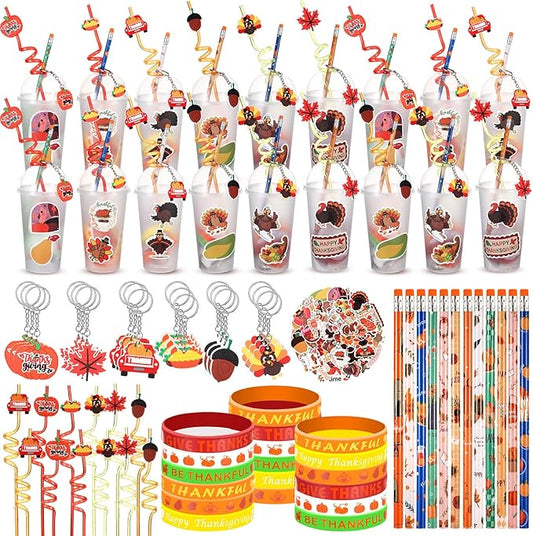 24 Set Fall Pumpkin Party Favor Thanksgiving Party Supplies Maple Turkey Keychain Pencil Straw Sticker Silicone Bracelet for Thanksgiving Goodie Bag Fillers Classroom Gifts