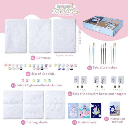 BONNYCO Paint by Numbers Kit for Kids Unicorns Pack 3 Canvas Paint by Number Canvas Framed Unicorn Gifts for Girls Arts and Crafts Kids Paint by Number Kits, Pre Drawn Canvas for Painting for Kids