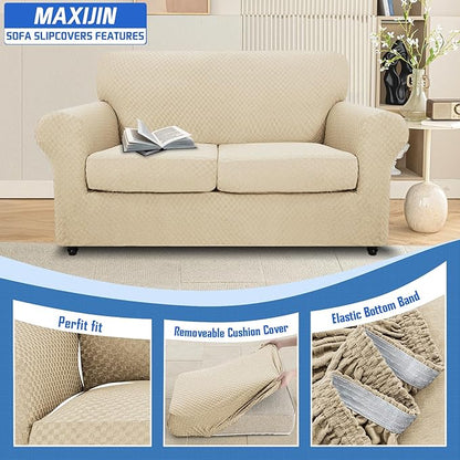 MAXIJIN 3 Piece Jacquard Couch Covers for 2 Cushion Couch Stretch Non Slip Love Seat Couch Cover for Dogs Pet Friendly Elastic Furniture Protector Loveseat Slipcovers (Loveseat, Light Beige)
