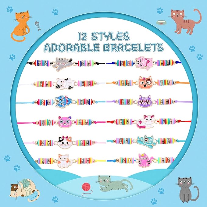 Lorfancy 12 Pcs Bracelets for Girls Kids Toddler Play Jewelry Cute Animal Cat Charm Bracelet Friendship Braided Woven Bracelets Adjustable Little Girls Dress Up Jewelry Gift