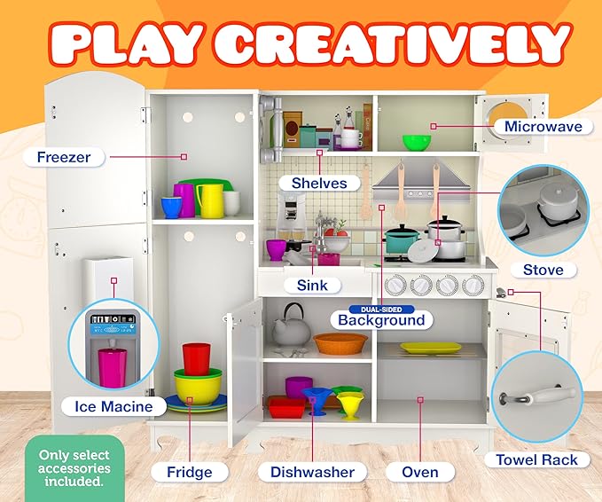 Play Kitchen - Wooden Kitchen Playset for Toddlers & Kids - Large Pretend Kitchenette for Boys & Girls - Step by Step Assembly Video Included- with 9 Kitchen Toy Accessories - Ages 3+