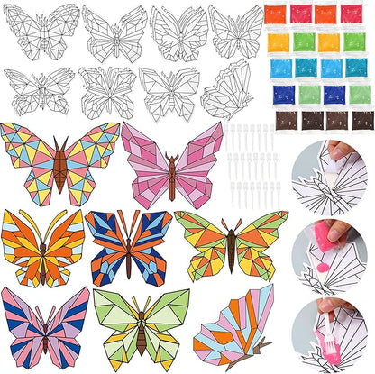 Halloscume 24 Sets Butterfly Sand Art Kits for Kids DIY Craft Sand Painting Kit with Colored Sand Brushes Spring Butterfly for Sunday School Classroom Fun Home Creative Activities