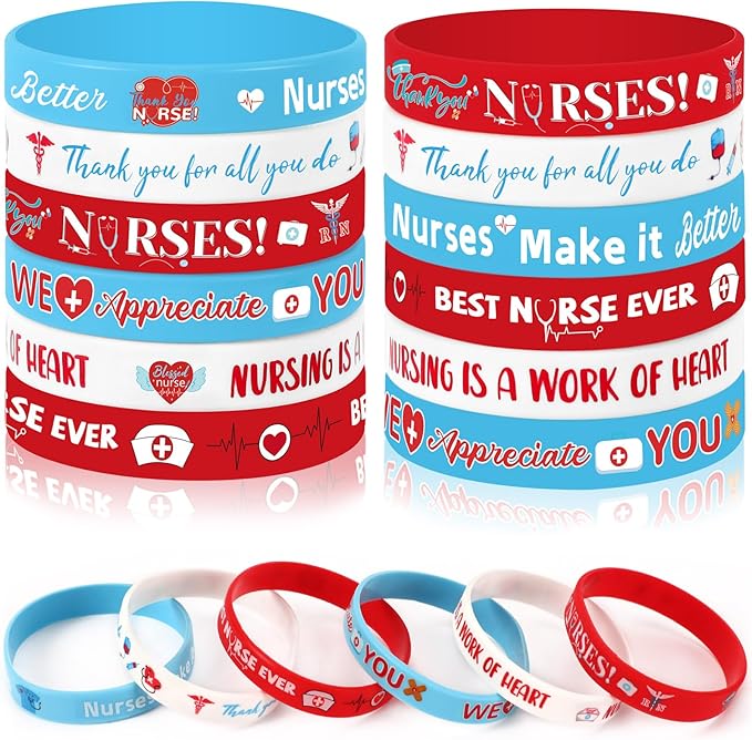 JUNEBRUSHS 24Pcs Nurse Inspirational Silicone Rubber Wristbands Bracelets for Nurse Appreciation Week Decorations Party Favors Supplies(6 Designs)
