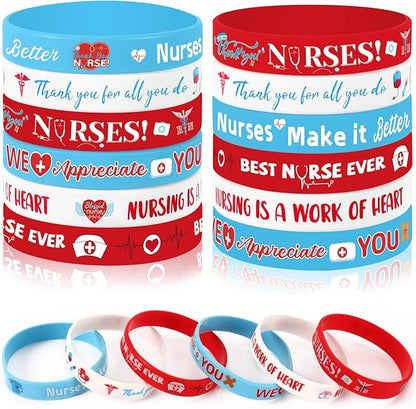 JUNEBRUSHS 24Pcs Nurse Inspirational Silicone Rubber Wristbands Bracelets for Nurse Appreciation Week Decorations Party Favors Supplies(6 Designs)