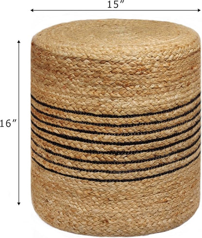 COTTON CRAFT Braided Pouf – Cylindrical Jute Cotton Ottoman - Boho Foot Stool - Bedroom Dorm Family Room Accent Seating – Rustic Decorative Round Pouf – 15 Dia x 16 Height - Natural Black Stripe
