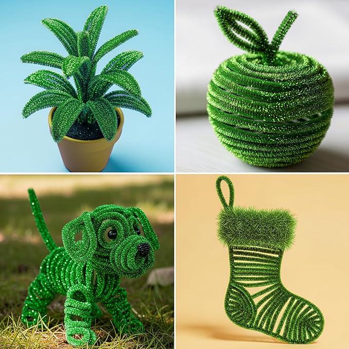 Caydo 200 Pieces Green Pipe Cleaners for Easter Decorations, Glitter Chenille Stems Bulk for Flowers, Leaves and Kids Arts & Crafts Making