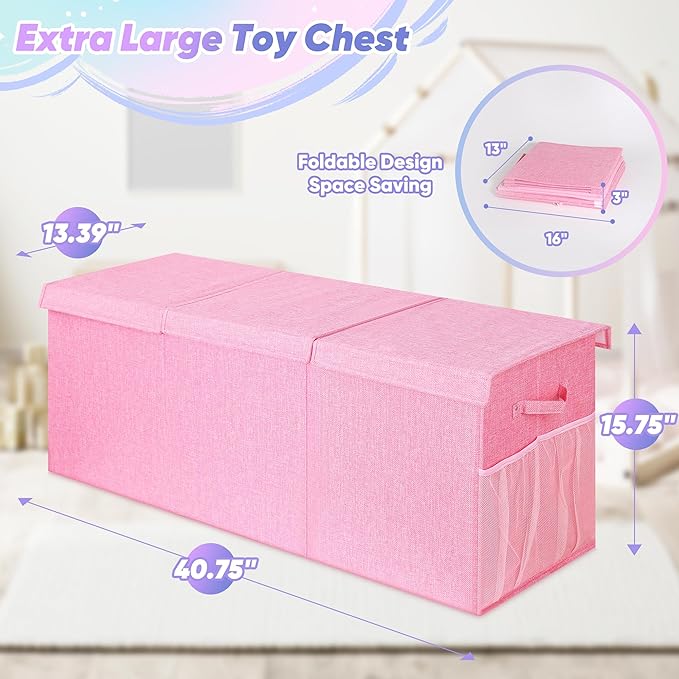 Mabahoo Extra Large Toy Box, Toybox for Kids Boys Girls, Collapsible Sturdy Toy Storage Organizer with Mesh Pockets, 40"x14"x16" Kids Storage Boxes Bins Baskets for Nursery, Playroom, Pink