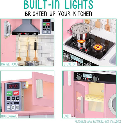 Lil’ Jumbl Kids Pink Kitchen Set, Pretend Wooden Play Kitchen, Battery Operated Icemaker, Microwave, Range Hood, Stove Top, Oven, with Realistic Sound & Lights, Pots, Pan, & Utensils Included