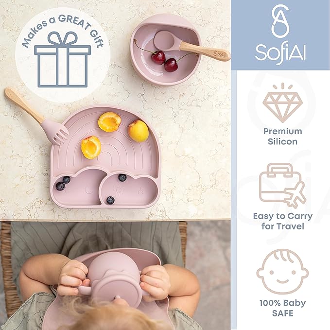 All In One Silicone Baby Feeding Set By SofiAl - Safe for 6-12 Months - Non-Toxic Baby Led Weaning Supplies - Toddler Self Feeding Utensils - BPA-Free - Mess Free Baby Feeding Essentials