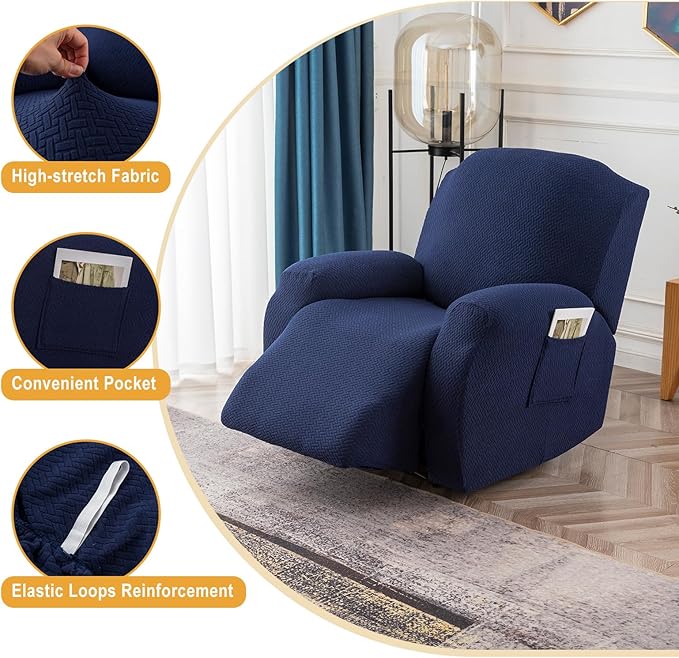 Genina Recliner Chair Covers, Stretch Reclining Chair Covers, Recliner Sofa Slipcovers Stripe Jacquard Lazy Couch Covers Furniture Protector Covers for Pet Kid (Navy Blue, 1 Seat)