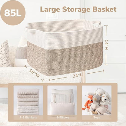 Goodpick Extra Large Woven Blanket Basket, 23.6" x 15.7" x 13.8" Storage Organizer for Blankets, Toys, Dirty Clothes, Rectangle Cotton Rope Basket for Living Room, Nursery, Bedroom