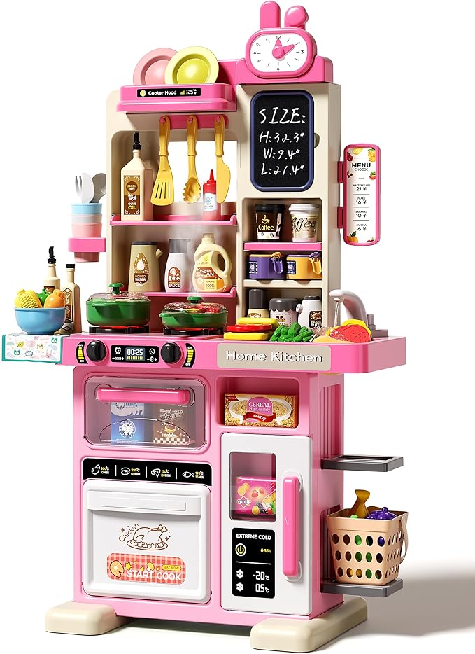 33.8IN Kids Kitchen Playset, 70PCS Kid Play Kitchen with Realistic Lights & Sounds, Spray Sink Toy Kitchen Accessories, Pretend Food Toys Kitchen for Boys Girls Toddlers(Pink)
