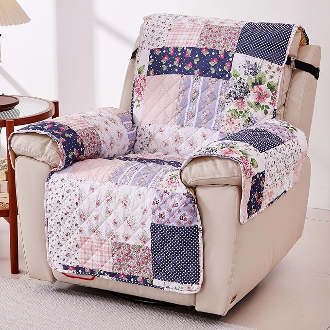 EVENHUG Chair Sofa Cover Patchwork Floral Chair Sofa Slipcover Washable Couch Covers Non-Slip Furniture Protector Cover with Elastic Straps for Pets Kids Dog Cat (Chair,Pink&Purple)