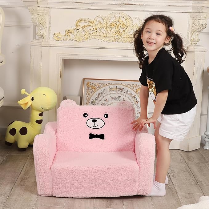 Kids Chairs for Toddler, 2-in-1 Toddler Soft Sherpa Couch Fold Out, Convertible Sofa to Lounger for Girls and Boys, Teddy Bear, Pink