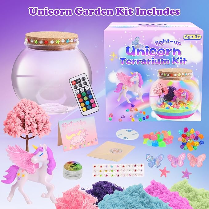 Unicorn Light-Up Terrarium Kit for Kids - Multicolor LED Night Light Unicorn Birthday Gifts for Girls - Unicorn Toys for Girls Ages 4-6 7 8 9 10 Year Old - Arts and Crafts for Girls
