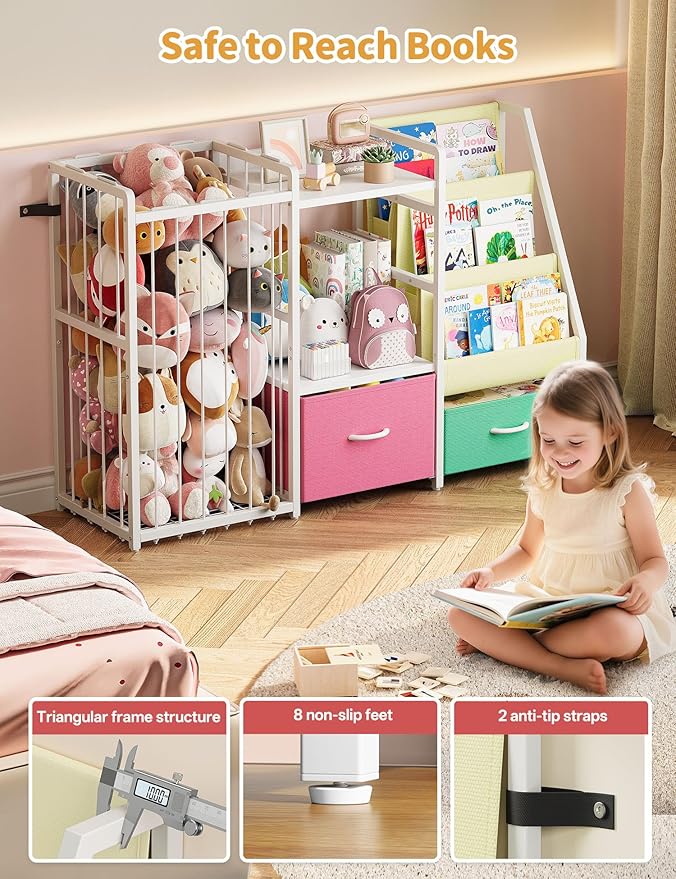 Twinkoo Kids Bookshelf and Toy Storage, Large 3 Tier Book Shelf for Kids Rooms, Sling Baby Bookcase with Stuffed Animal Storage, Toddler Montessori Bookshelf for Nursery, Playroom (Pink+Green)