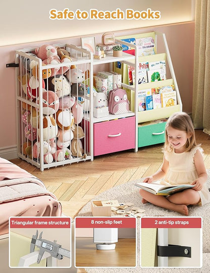 Twinkoo Kids Bookshelf and Toy Storage, Large 3 Tier Book Shelf for Kids Rooms, Sling Baby Bookcase with Stuffed Animal Storage, Toddler Montessori Bookshelf for Nursery, Playroom (Pink+Green)