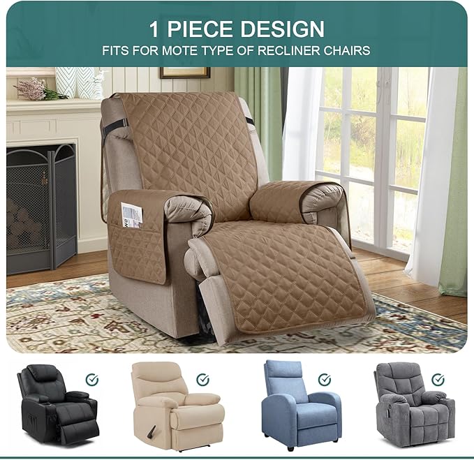 Ruaozz 100% Waterproof Recliner Chair Cover Non-Slip Reclining Cover for Recliner Chair Washable Chair Seat Cover with Elastic Straps for Kids, Dogs, Pets (Light Brown, 23'')