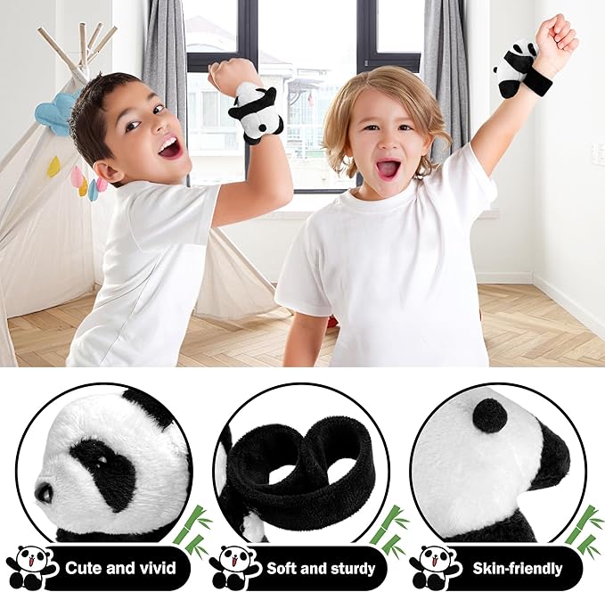 12 PCS Panda Slap Bracelets Huggers Cute and Pretty Panda Slap Bracelets Huggers for Kids Gifts for Panda Birthday Party Favors Plush Animal Snap Bracelets
