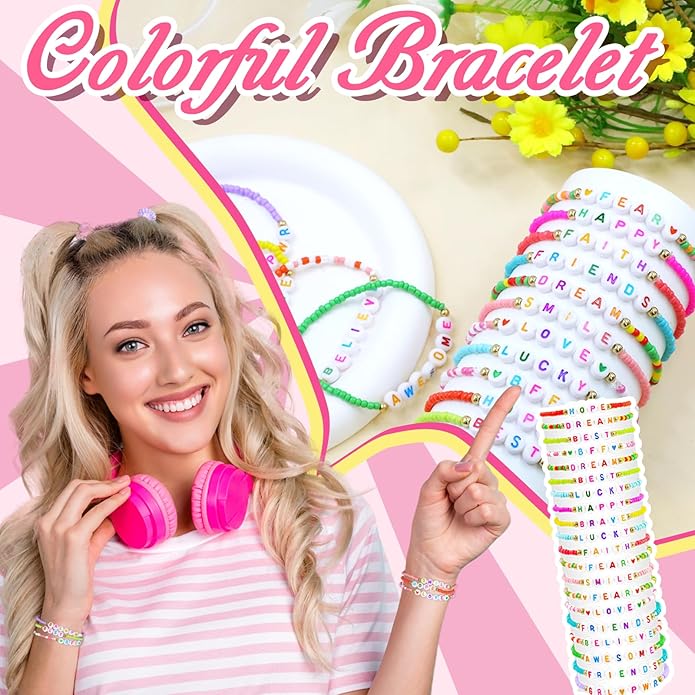 60 pcs Colorful Kids Friendship Bracelet Sets, Stackable Elastic Cute Beaded Bracelets Princess Pretend Play Bracelet Preppy Bracelets Bulk Set for Women Gift