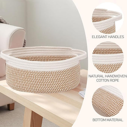 JMvicyroam Woven Basket,Small Rope Storage Bin with Handles & Ribbon Bag, Organizer for Shelves Closets,Gift Basket Empty for Birthday,Books,Dog Toys, White&Brown Block/3 Pack