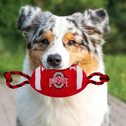 Pets First NCAA Ohio State Buckeyes Football Dog Toy, Tough Quality Nylon Materials, Strong Pull Ropes, Inner Squeaker, Collegiate Team Color (OH-3121)