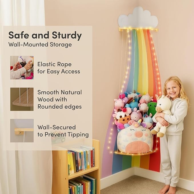 PUTSKA Nursery Furniture Hanging Organizer – Wall Mounted Stuffed Animal Storage for Baby Room, Corner Plush Collection Display & Nursery Organization System, Space-Saving Vertical Storage - Rainbow
